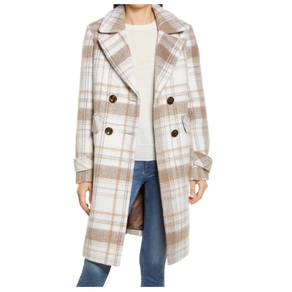 Sam Edelman Jackets & Blazers - Sam Edelman Plaid Wool Blend Double Breasted Long Coat Tan NWT 14